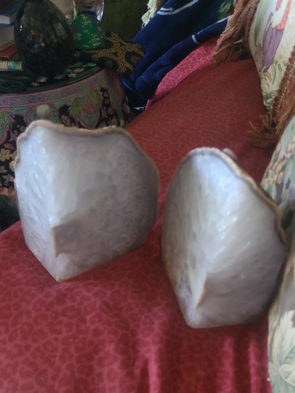 Pair of White Agate Geode Bookends with Gold Trim